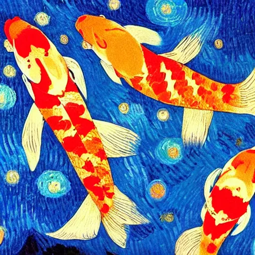 Prompt: Koi fish in the style of Starry Knight by Vincent van Gogh