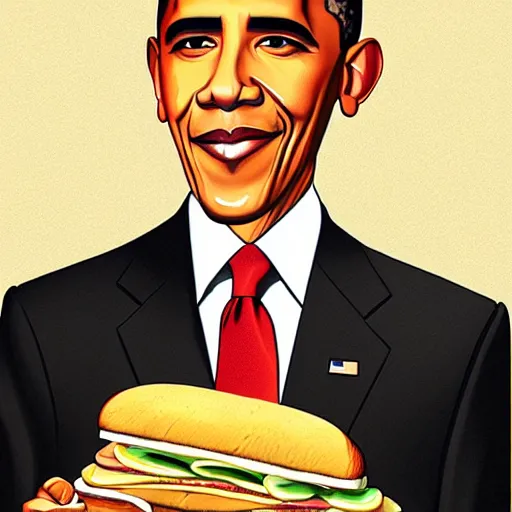 Image similar to Obama holding a noodle sandwich, realistic portrait