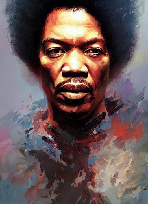 Image similar to Portrait of Jimmy Hendrix, marvel comics, dark, intricate, highly detailed, smooth, artstation, digital illustration by Ruan Jia and Mandy Jurgens and Artgerm and Wayne Barlowe and Greg Rutkowski and Frank Frazetta