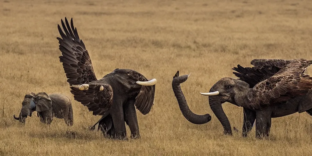 Prompt: eagle hunting an elephant, national geographic, 8 k