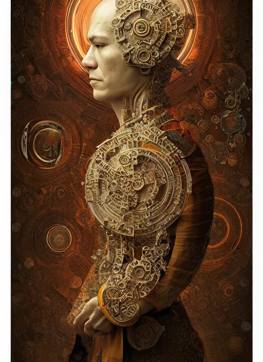 Prompt: portrait of a meditating machine monk cyborg wrapped in sacred scrolls, imari, fractal, in the style of the matrix, intricate ornaments, elegant, highly detailed, digital photography, subsurface scattering, by jheronimus bosch and greg rutkowski,