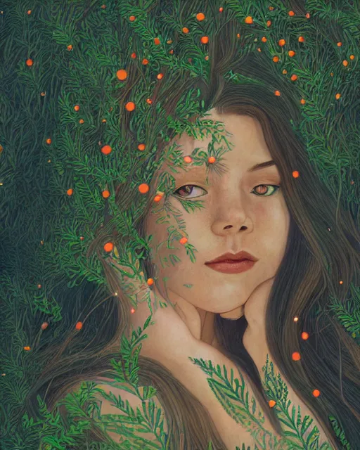 Image similar to a young woman, admiring the lights of golden fireflies, sitting in the midst of nature fully covered, long loose red hair, intricate linework, green eyes, small nose with freckles, oval shape face, soft happy smile, realistic, expressive emotions, mystical scene, hyper realistic ultrafine detailed illustration by james jean