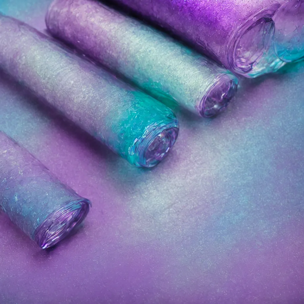 Image similar to close - up of iridiscent oil slick corpses connected by transparent tubes to wax technical forms relaxing on yoga mat, faded, iridiscent gradient, purple fog, depth of field, blur, very detailed, by nadav kander and hans bellmer, 8 k, ultrarealistic, sad atmosphere, cinematic, 8 5 mm lens
