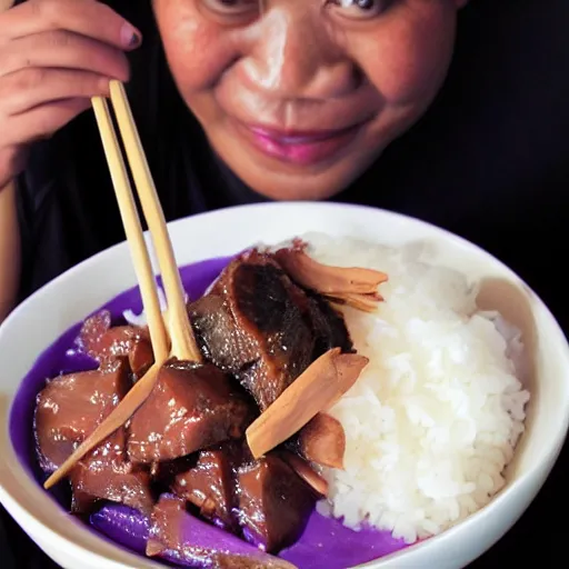 Image similar to Murasaki Shikibu eats a bowl of adobo