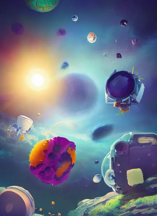 Image similar to An epic fantastic realism comic book style astroneer painting of the most beautiful flowers launched into space, bouquets, solar eclipse, fisheye, unreal 5, DAZ, hyperrealistic, octane render, dynamic lighting