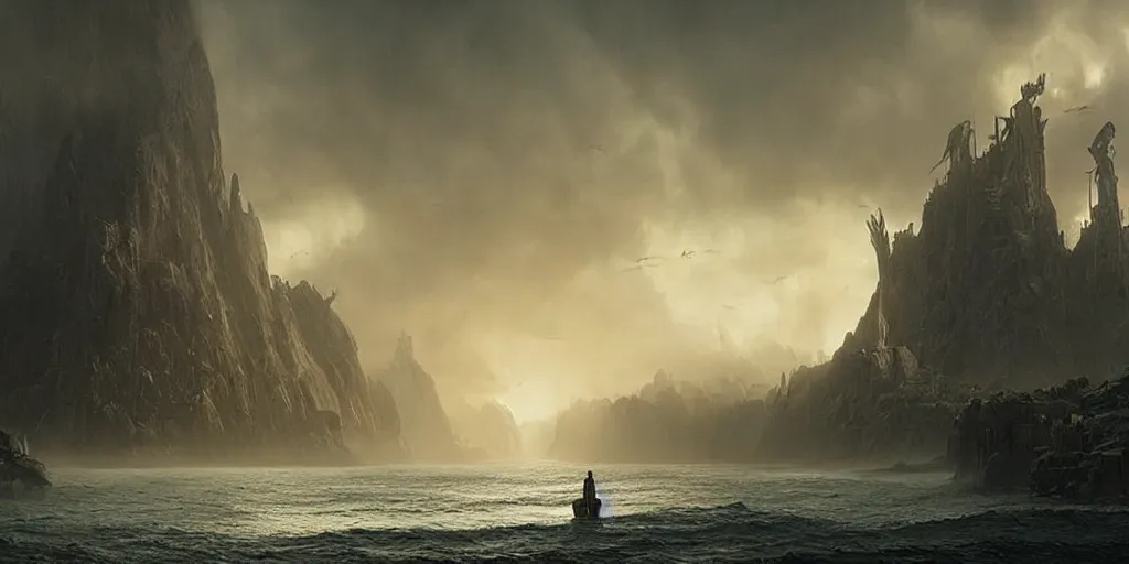 Prompt: screenshot from a movie, epic matte painting of an island, cinematic cinematography masterpiece, greg rutkowski, and ivan aivazovski, roger deakins, giger