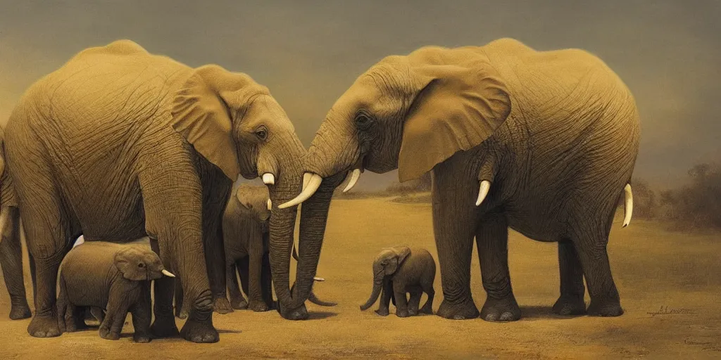 Image similar to two adult elephants comfort a baby elephant, golden hour, savannah, illustration, detailed, smooth, soft, warm, by Adolf Lachman, Shaun Tan, Surrealism