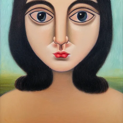 Prompt: painting of a young adult woman face with small blue eyes big brown browns long lashes high cheekbones and sharp jawline small plump lips straight nose white skin long bangs brown hair by botero