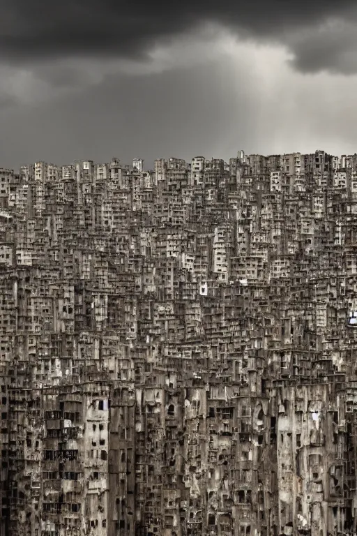 Image similar to cinematic frame of weathered high rise slums made of silver and gold glistening and dramatic clouds in the background