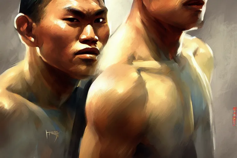 Image similar to greg manchess portrait of a filipino mma fighter sword dash, sunny day, matte painting, bold shapes, hard edges, street art, trending on artstation, by huang guangjian, gil elvgren, ruan jia, randy vargas, greg rutkowski