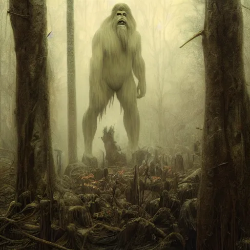 Image similar to Dark fantasy Painting of a huge muscular hairy bigfoot creature lurking in the misty forest, gloomy, full body, disgusting, creepy, unsettling, horror, intricate, wild, highly detailed, digital painting, artstation, concept art, smooth, sharp focus, illustration, art by artgerm and greg rutkowski and alphonse mucha