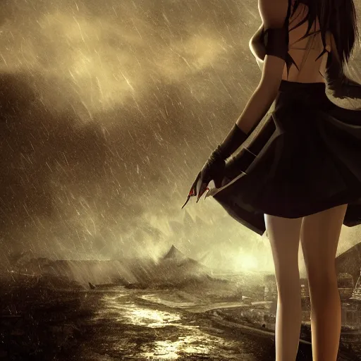 Prompt: beautiful vampire girl with demon horns wearing a black dress and looks dramatically out of a large window, with a extreme fallout city and everything is burning to ashes outside, a thunderstorm is also present, super ultrarealistic detail picture with extrem cinematic aspects, by aleksandra waliszewska, aoi ogata, greg rutkowski and nona limmen