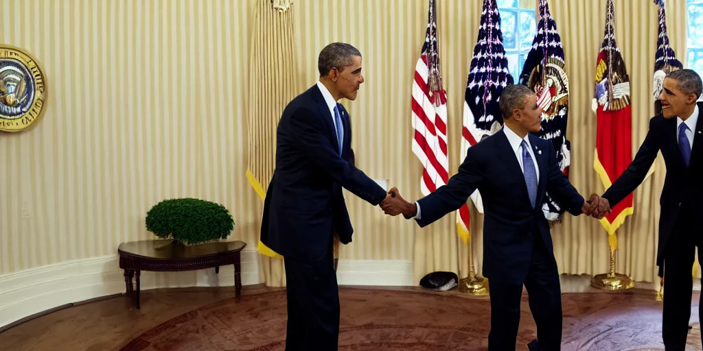 Image similar to A photo of a handshake between barrack obama and shrek inside the white house