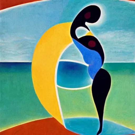 Image similar to woman dancing with a ying yang by the ocean while the waves crash on the seashore, high quality art in the style of cubism and geogia o keefe