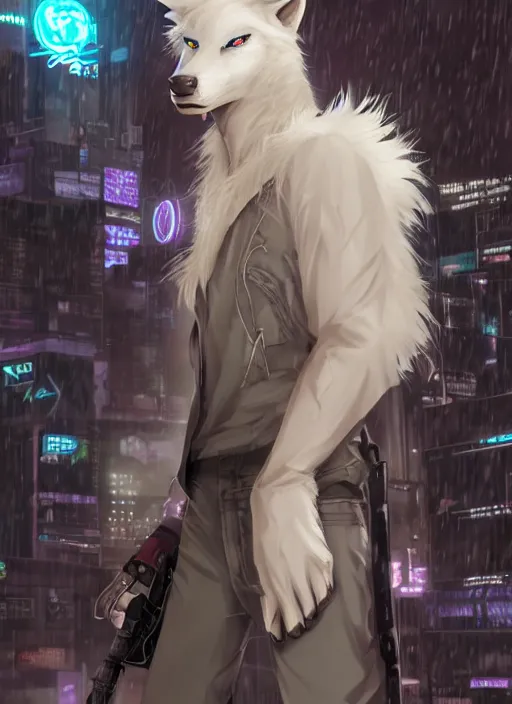 Image similar to character portrait of a male anthro albino wolf fursona with a tail and a cute beautiful attractive detailed furry face wearing stylish cyberpunk clothes in a cyberpunk city at night while it rains. hidari, color page, tankoban, 4K, tone mapping, Akihiko Yoshida. Nomax, Kenket, Rukis. comic book style, photorealistic, professional lighting, hyperdetailed, high resolution, high quality, dramatic, deviantart, artstation, 4k, real photo