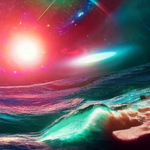 Image similar to photo of a alien surfing a surfboard on a crashing l wave of alien ocean in space, background is an alien galaxy, aliens in the background, alien colors, octane render, unreal engine, wide view, 8 k, high detaild