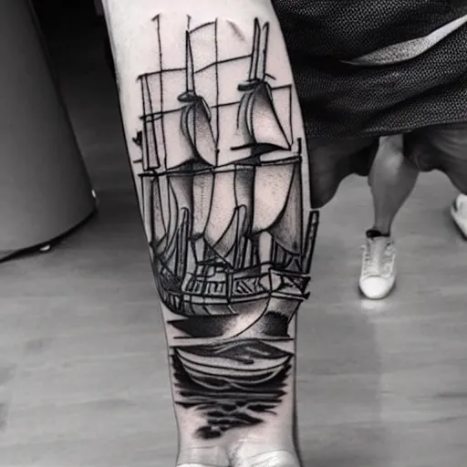 Image similar to A magical pirate ship tattoo realistic tattoo sketch on white background, hyper realistic shaded tattoo, award winning tattoo
