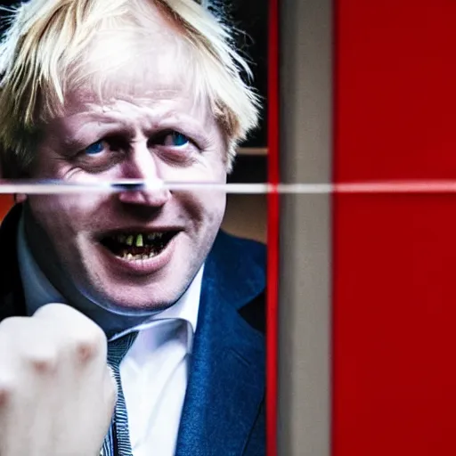 Prompt: a photo taken from the inside of an old house, showing window blinds being pulled back to reveal a terrifying boris johnson with his unhinged face pressed against the window and his bloody hands placed on the window, horrifying grin. horror, raining, night time, zoomed out