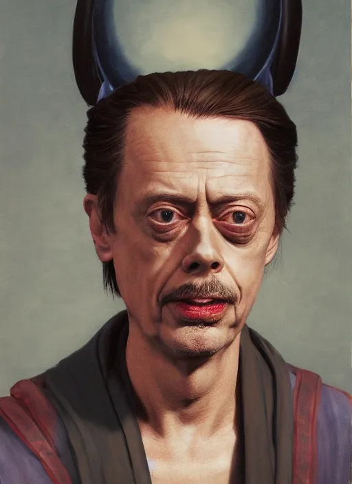 Prompt: steve buscemi as a samurai, in clouds, portrait by greg hildebrandt, studio lighting, muted colors, by terry richardson, by frank frazetta, extreme detail, reflections, trending on artstation, 8 k