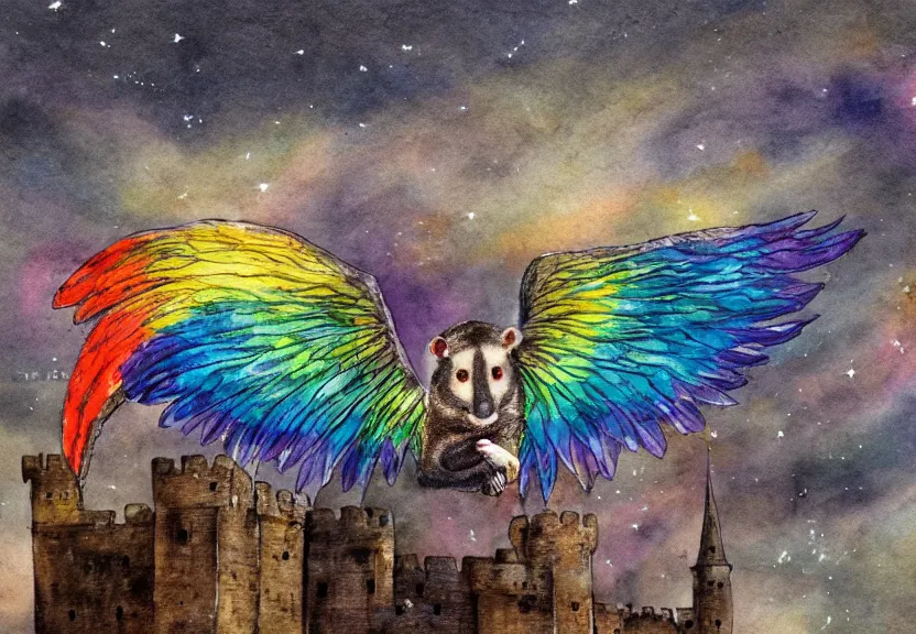 Image similar to legendary rainbow winged possum flying over a medieval castle at night under the dark starred sky, dark fantasy, watercolor, dreaming illusion, highly detailed, 4k, trending on Artstation