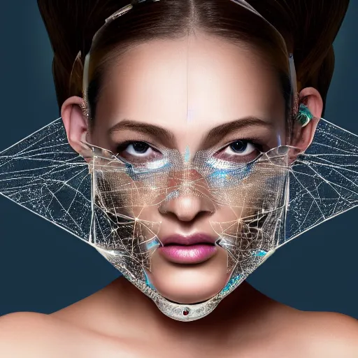 Prompt: portrait of a beautiful futuristic woman layered with high-tech jewelry wrapping around her face and head, 2054