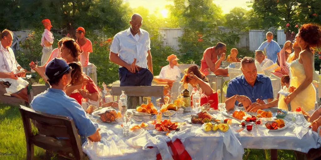 Image similar to backyard bbq in harlem in summer sunset, painting by vladimir volegov, norman rockwell, tom of finland, trending on artstation