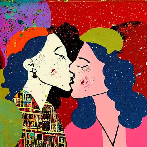 Image similar to two women kissing at a party, mixed media collage, retro, paper collage, magazine collage, acrylic paint splatters, retro psychedelic illustrations,