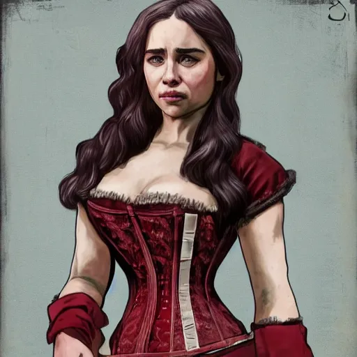 Image similar to Detailed artistic portrait of Emilia Clarke in a Old Western Corset in Red Dead Redemption video game, 4k detailed artstation digital art