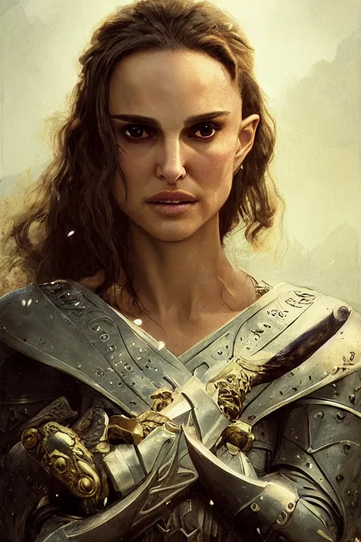 Image similar to natalie portman, legendary warrior, heroic, lord of the rings, tattoos, decorative ornaments, battle armor, by carl spitzweg, ismail inceoglu, vdragan bibin, hans thoma, greg rutkowski, alexandros pyromallis, perfect face, fine details, realistic shading photorealism