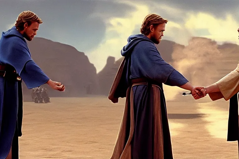 Prompt: Obi-Wan Kenobi and Anakin Skywalker fistbump like total bros