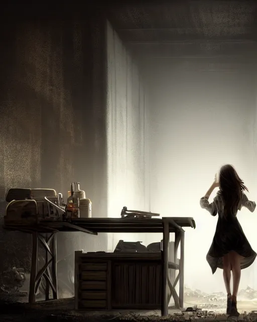 Prompt: style : disco elysium. composition : medium shot. style : digital art ; detailed ; menacing ; 4 k. scenery : the inside of a dark barn ; a faint ray of light is shining through a crack in the planks. subject : a young woman ; dark hair ; wearing a white dress. action : the woman is hiding behind a workbench.