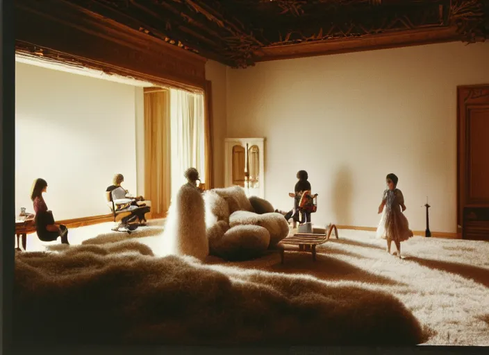 Prompt: realistic documentary landscape photo of the family morphing into a big white fluffy hairy acropolis, in the wooden and fancy expensive wooden room interior, neutral colors, 1 9 9 0, life magazine reportage photo