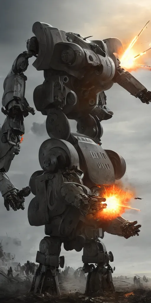 Image similar to concept art, world war iii, battlefield scene, war robot, mecha soldier, exoskeleton power armor, launch kinetic energy weapon, launch tracking missile, armor piercing bullet, drag light bullet, backlight, future technology, smooth lines, high detail, 8 k, octane rendering, unreal engine.