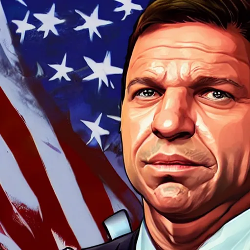 Prompt: Ron DeSantis portrait, GTA 5 Cover art, no text