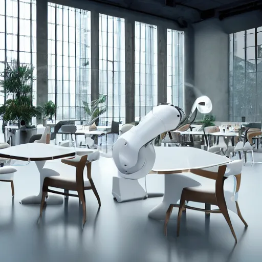 Image similar to three large white glossy kuka industrial robot arms on the floor around a dinner table, the kuka industrial robot arms are wearing bow ties, the table is full of food, they are having dinner inside a posh fine dining restaurant with mid - century modern furniture and decor, global illumination, artstation, fantasy, volumetric light