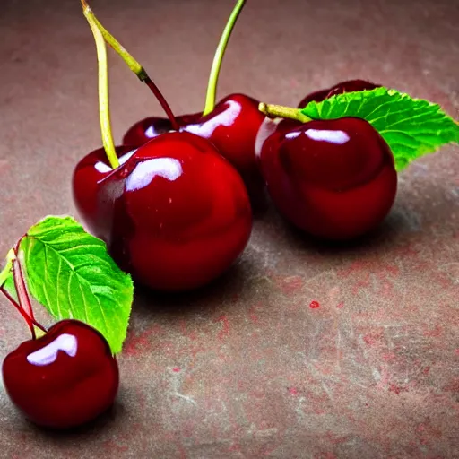 Prompt: photo realistic Few fresh cherries in kitchen