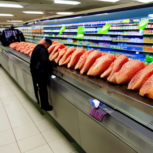 Prompt: dead coral on conveyor belt being scanned by checkout assistant at supermarket checkout, very detailed