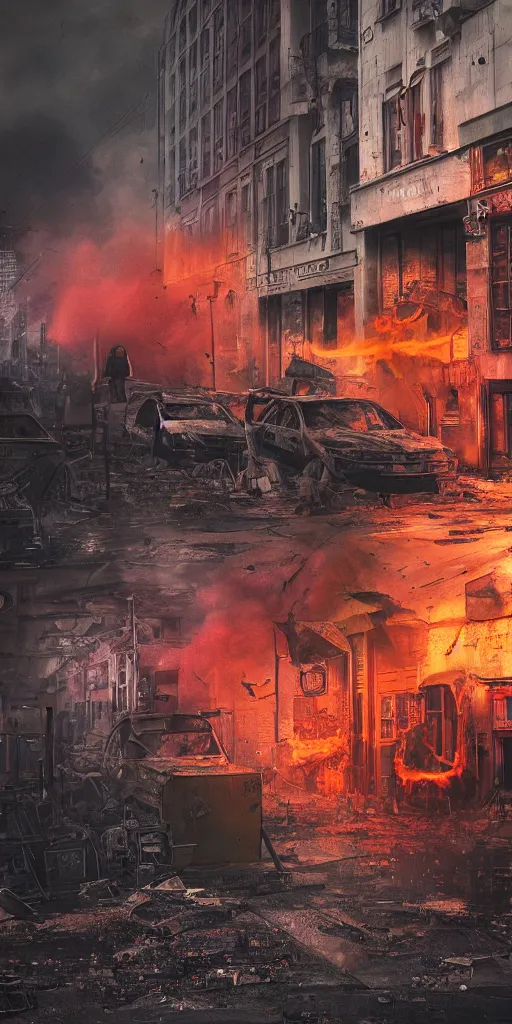 Image similar to post - apocalyptic kreuzberg streets, burned cars, explosions, colorful smoke, hyperrealistic, gritty, damaged, dark, urban photography, photorealistic, high details