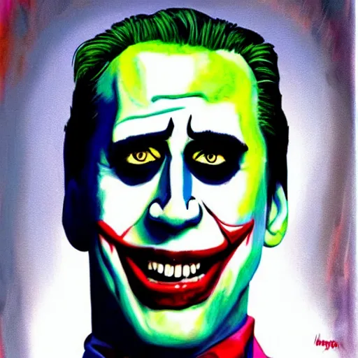 Prompt: nic cage as the joker, buff, painted portrait, highly detailed,