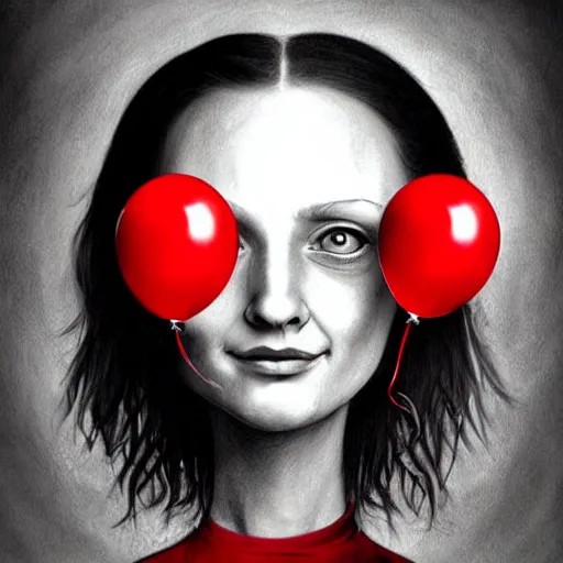 Prompt: surrealism grunge cartoon portrait sketch of a flower with a wide smile and a red balloon by - michael karcz, loony toons style, mona lisa style, horror theme, detailed, elegant, intricate