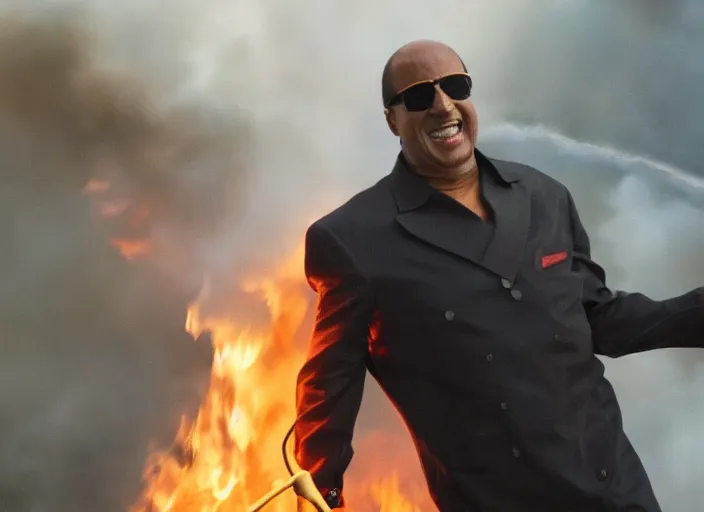 Image similar to film still of Stevie Wonder fighting a Fire in the new Backdraft movie, 8k
