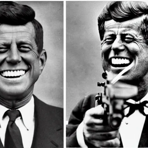 Prompt: abe and jfk laughing and shooting at each other with guns