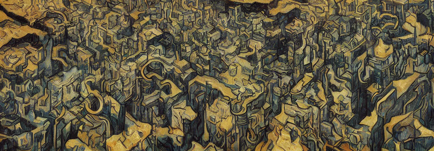 Image similar to Mural of AI art raising by Van Gogh and M. C. Escher collaboration, digital art, mix of aesthetics, close up, high details