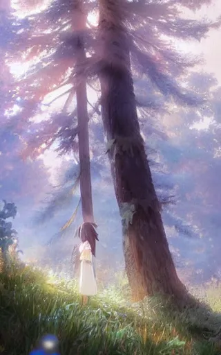 Image similar to anime character in the woods, hyperrealistic, trending on pixiv fanbox, painted by greg rutkowski makoto shinkai takashi takeuchi studio ghibli, akihiko yoshida