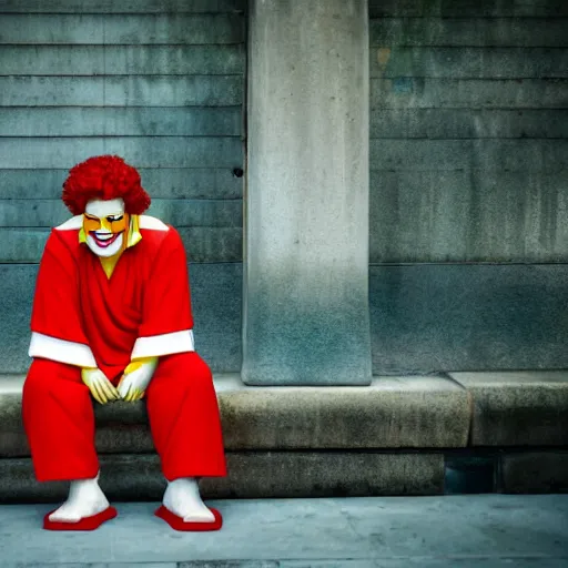 Image similar to ronald mcdonald contemplating the dawn of a new day inside an asian temple