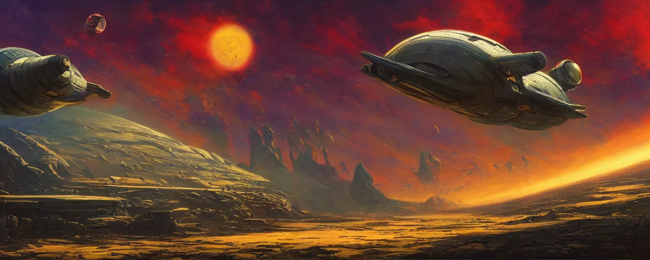 Image similar to stylish spaceship in retro scifi landscape, beautiful colours, sharp textures, nikolay georgiev, alex ross, bruce pennington, donato giancola, larry elmore, masterpiece, oils on canvas, trending on artstation, featured on pixiv, cinematic composition, sharp, details, hyper - detailed, hd, hdr, 4 k, 8 k