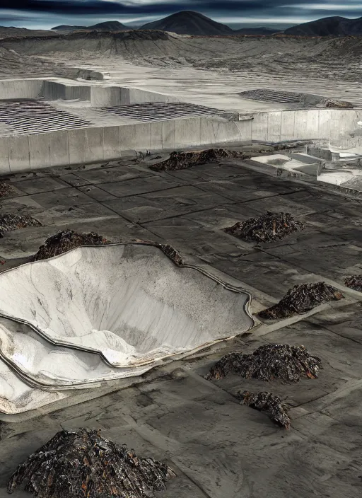 Image similar to bioremediation white architecture, in the mining tailings of chuquicamata, epic, cinematic, hyperealistic, high detailed, corona render, hdr, ray tracing