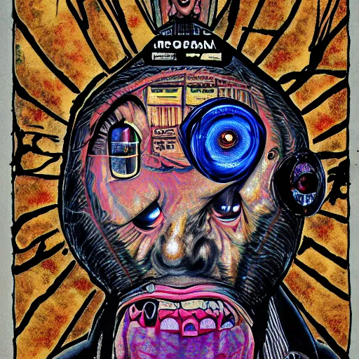 Image similar to depraved and insane man with spiral eyes and tvs with eyes on the screen all around in the style of herbert ploberger and nainoa rosehill, mixed media, 8 k ultra, surrealist