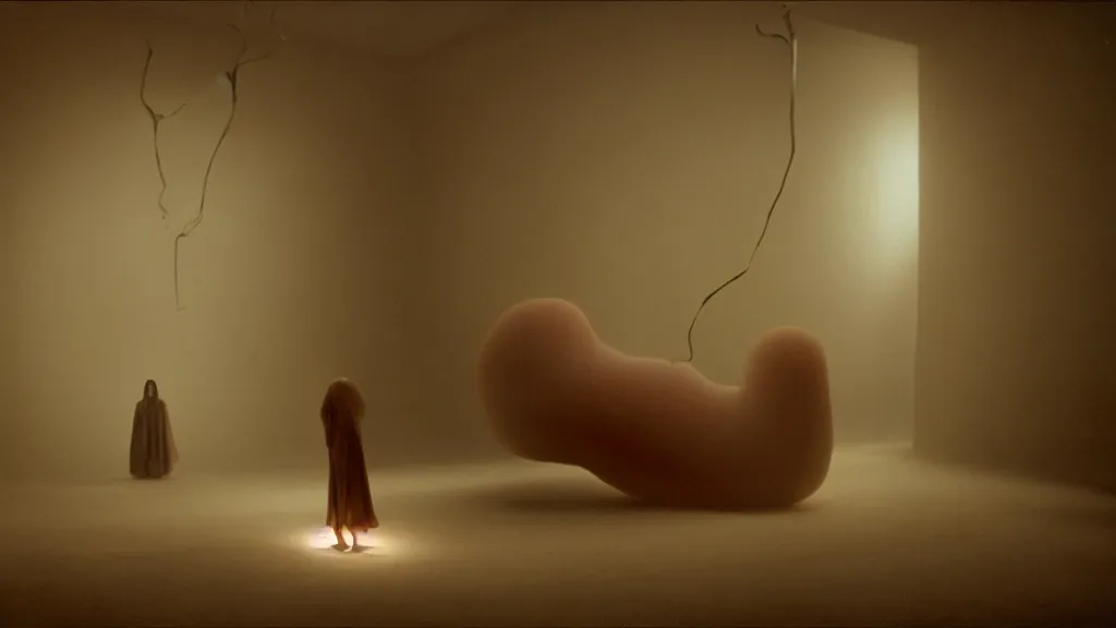 Image similar to a giant hand made of wax and water floats through the living room, film still from the movie directed by Denis Villeneuve with art direction by Zdzisław Beksiński, wide lens