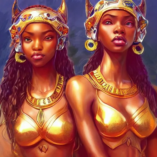 Image similar to beautiful Zulu goddesses holding hands, focused, worried, highly detailed, artstation, concept art, sharp, illustration, art by artgerm and Ross Tran